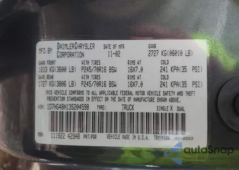 2003 Dodge Dakota Slt z USA, uszkodzony, nr VIN 1D7HG48N13S204598